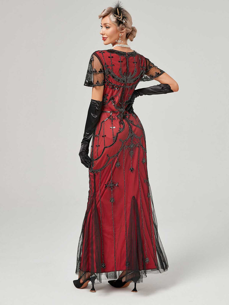 1920er V-Ausschnitt Paillettenbesetztes Mesh Meerjungfrauenkleid Formelles Kleid