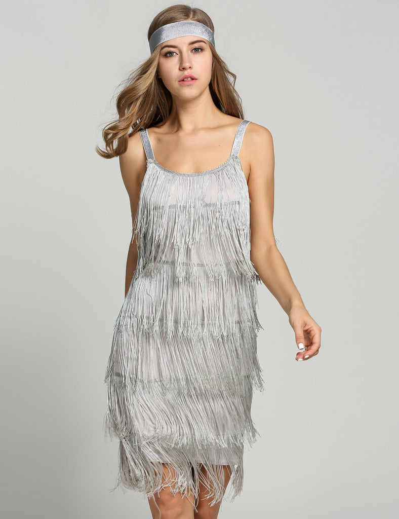 GRAU 1920ER FRINGE GROßE GATSBY KLEID MIT GÜRTEL