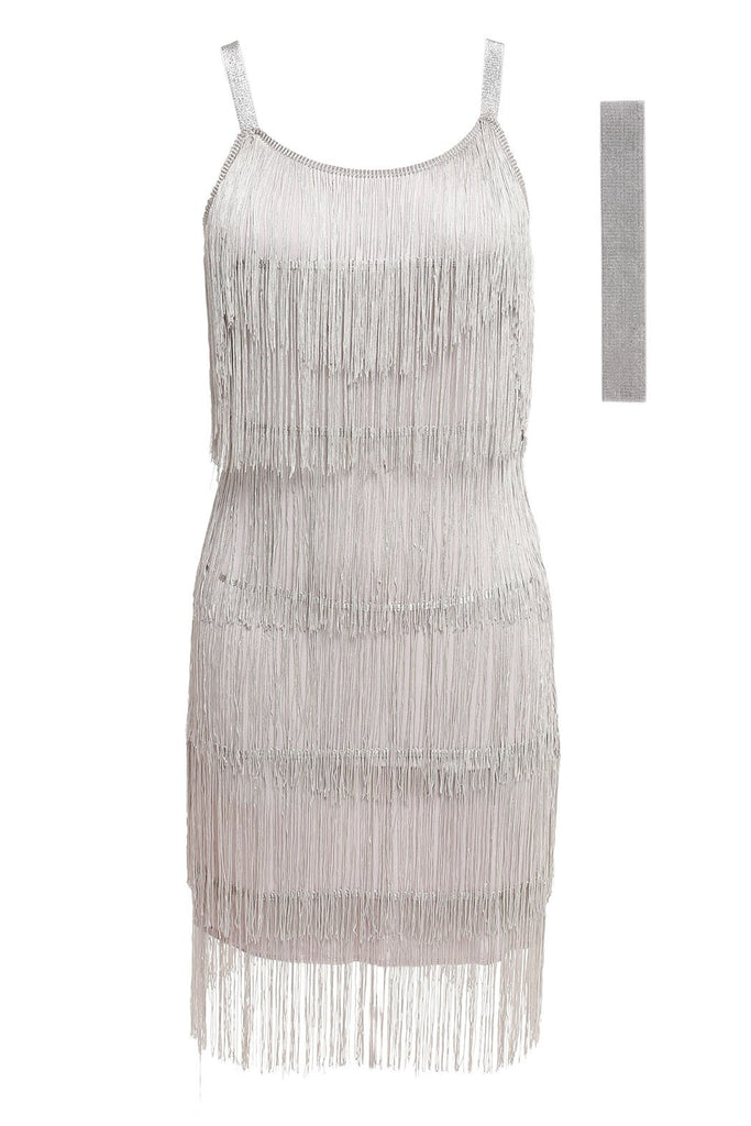 GRAU 1920ER FRINGE GROßE GATSBY KLEID MIT GÜRTEL