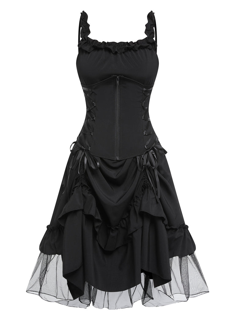 [Vorverkauf] Schwarz 1950er Gothic Mesh Swing Kleid