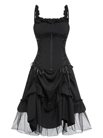 [Vorverkauf] Schwarz 1950er Gothic Mesh Swing Kleid