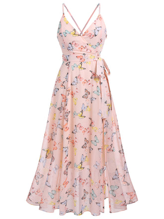 Hellrosa 1930er Schmetterling Träger Schnürung Kleid