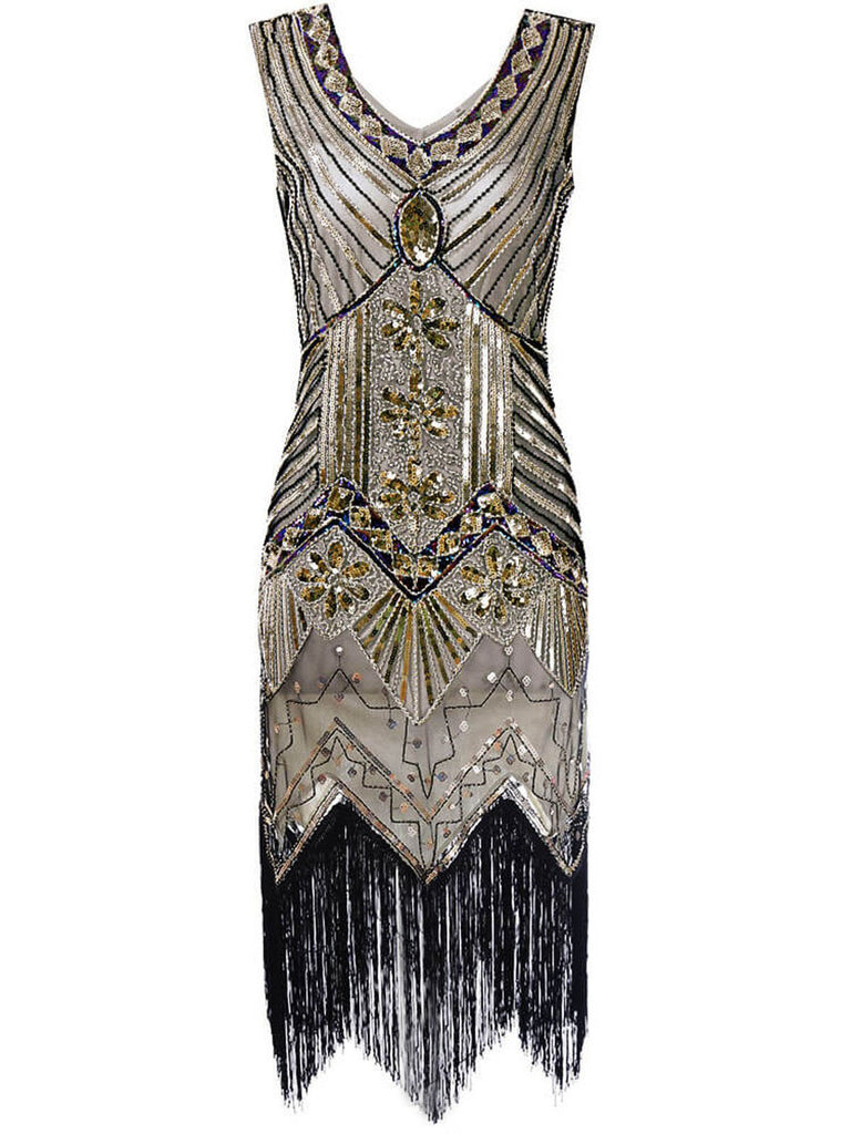 CHAMPAGNER 1920ER PERLEN FRANSE FLAPPER KLEID