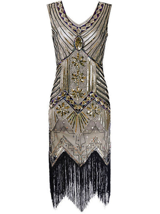 CHAMPAGNER 1920ER PERLEN FRANSE FLAPPER KLEID