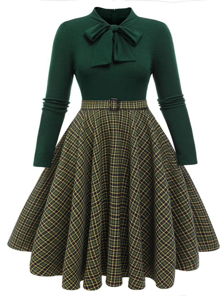 [Übergröße] Dunkelgrün 1950er Kariertes Strick Kleid