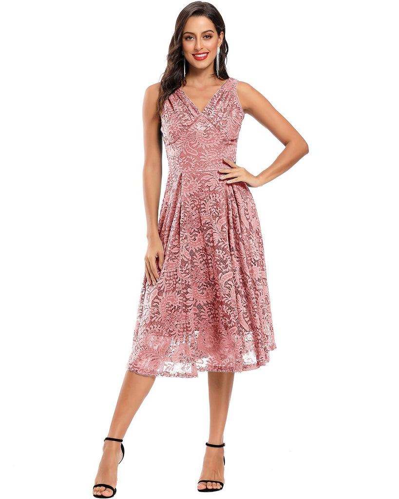 Rosa 1950ER SPITZE BLUMEN SWING KLEID