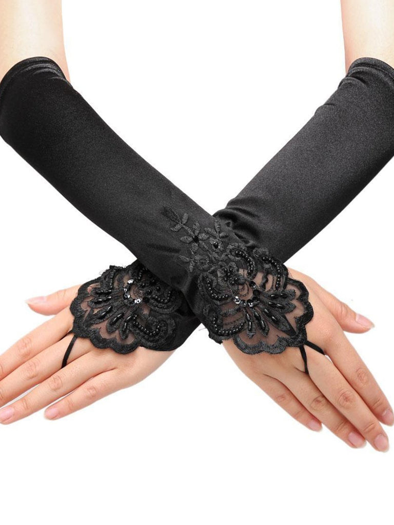 1920ER SCHWARZER VINTAGE PAILLETTEN SPITZE FINGERLOSER HANDSCHUHE