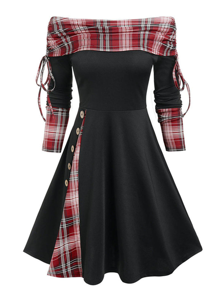 1950er Plaid Patchwork Schnürschuh Schulterfrei Kleid