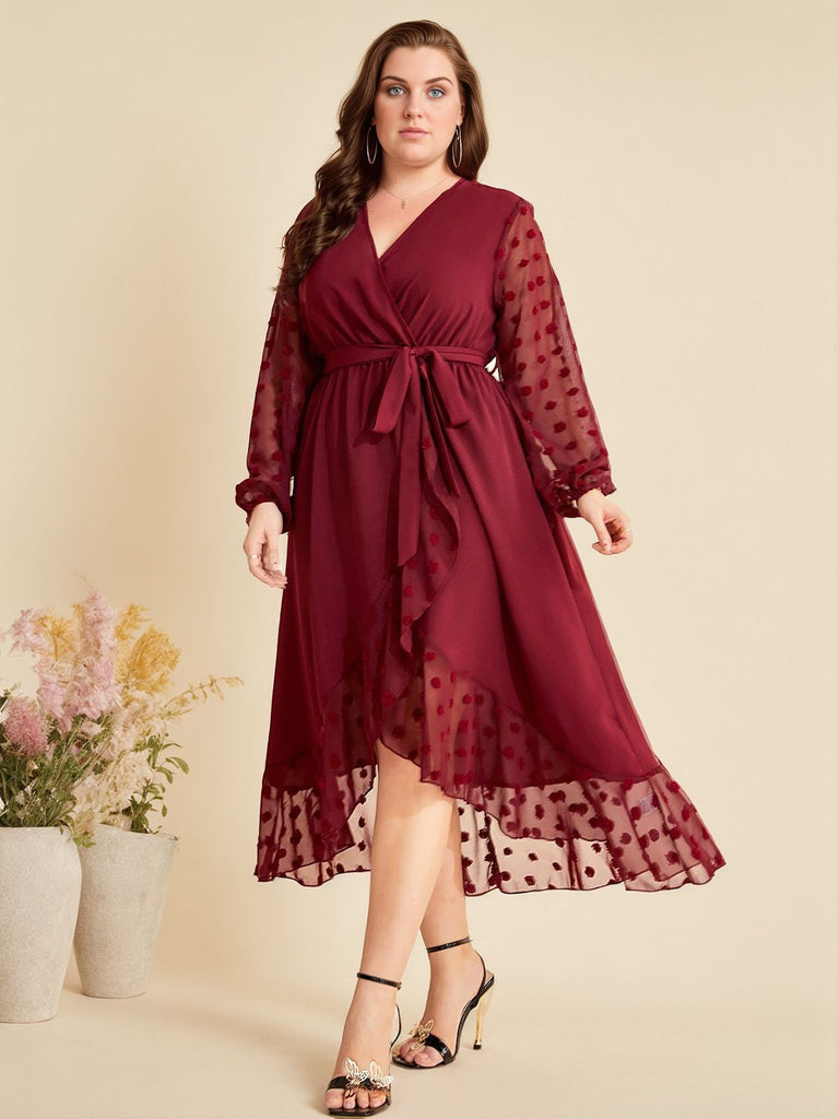 [Übergröße] Weinrot 1940er V-Ausschnitt Kleid mit Maschengürtel