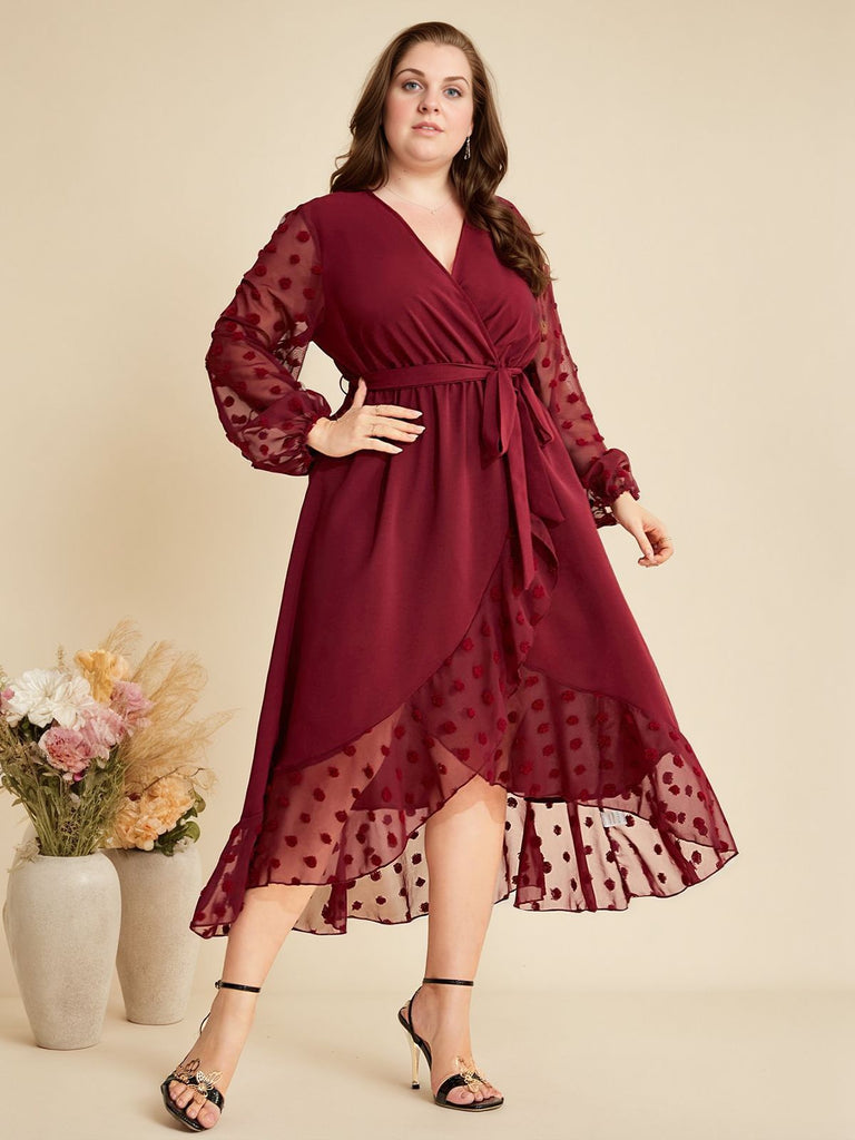 [Übergröße] Weinrot 1940er V-Ausschnitt Kleid mit Maschengürtel