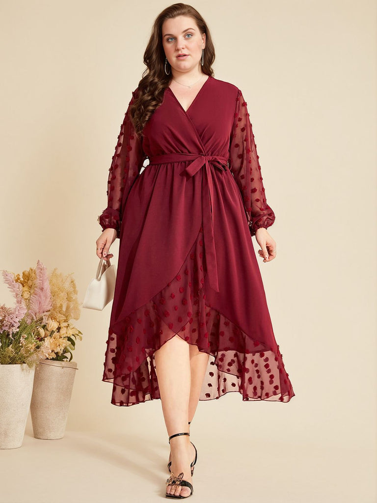 [Übergröße] Weinrot 1940er V-Ausschnitt Kleid mit Maschengürtel
