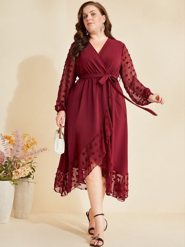 [Übergröße] Weinrot 1940er V-Ausschnitt Kleid mit Maschengürtel