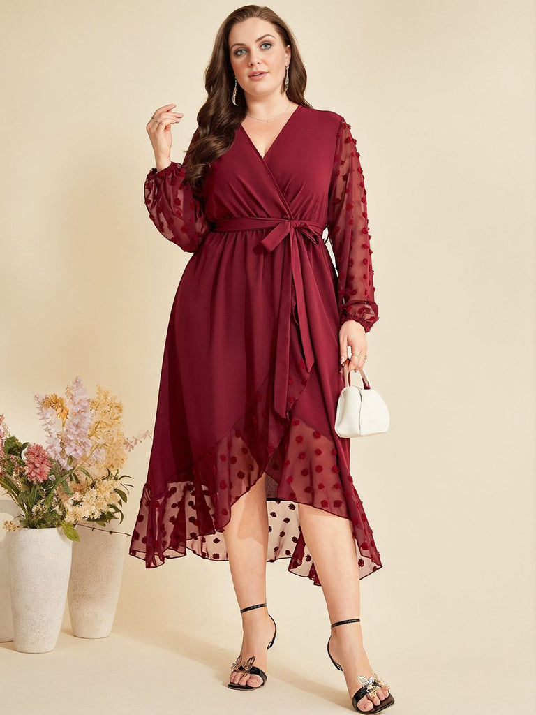 [Übergröße] Weinrot 1940er V-Ausschnitt Kleid mit Maschengürtel
