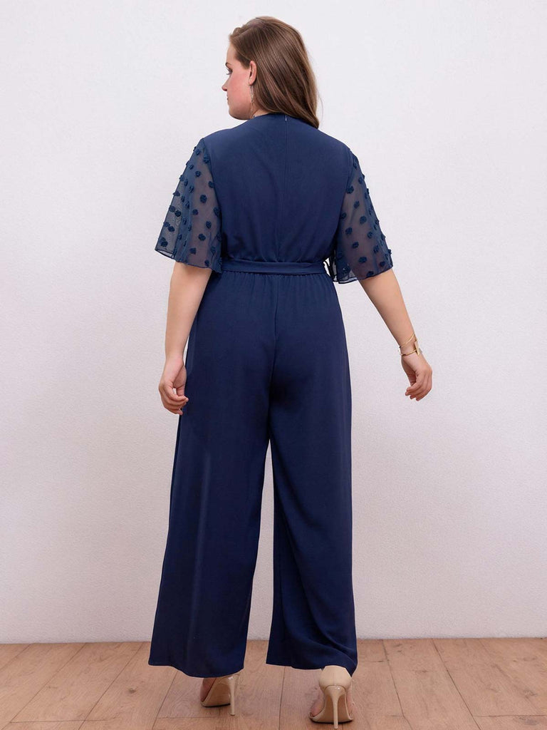 [Übergröße] Dunkelblauer 1930er V-Ausschnitt mit ausgestellten Ärmeln und festem Jumpsuit
