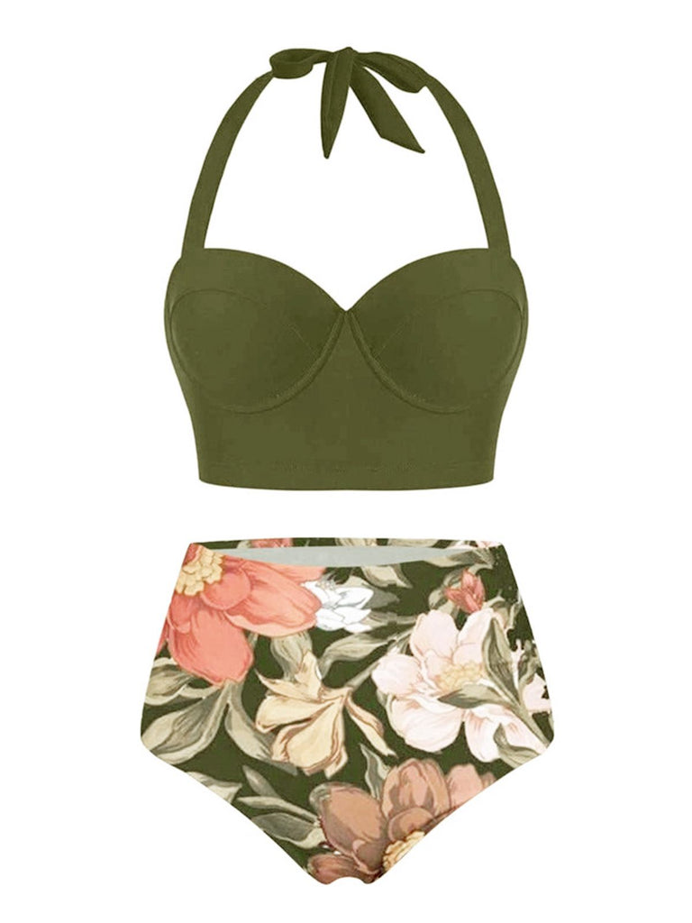 Olivgrün 1950er Schnür Halter Blumen Bikini Set