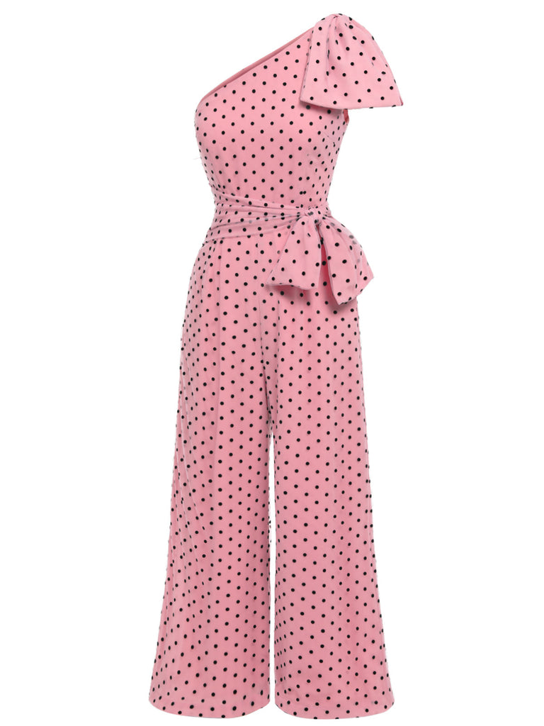 Rosa 1930er Polka Dot One-shoulder Jumpsuit