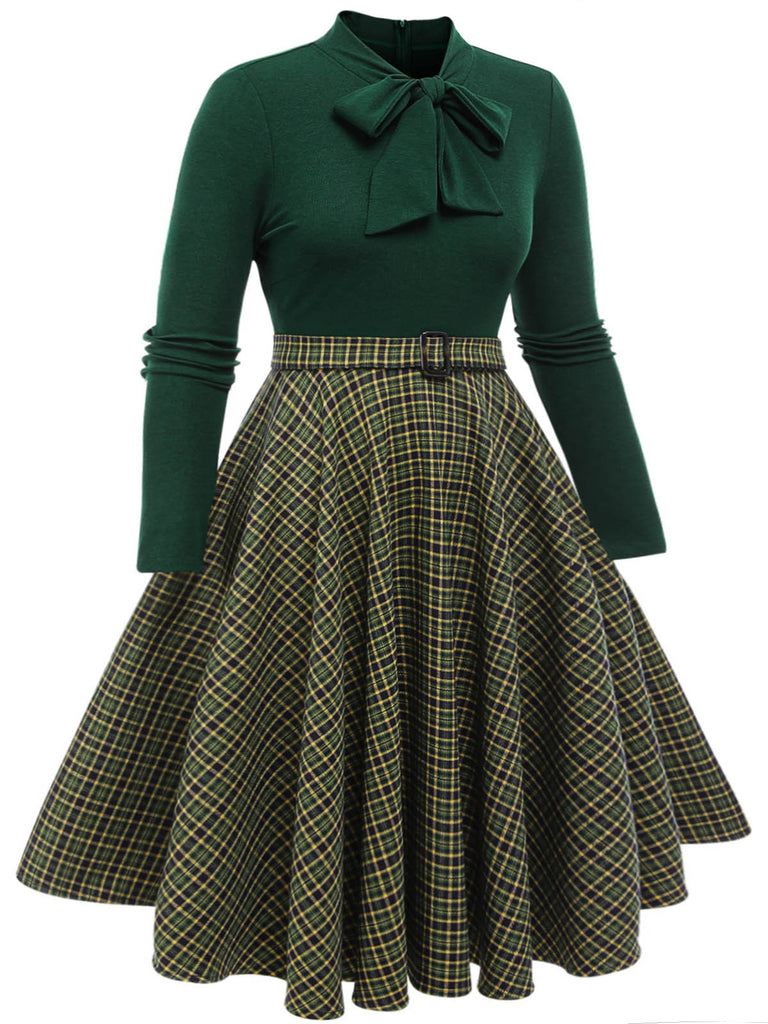 [Übergröße] Dunkelgrün 1950er Kariertes Strick Kleid