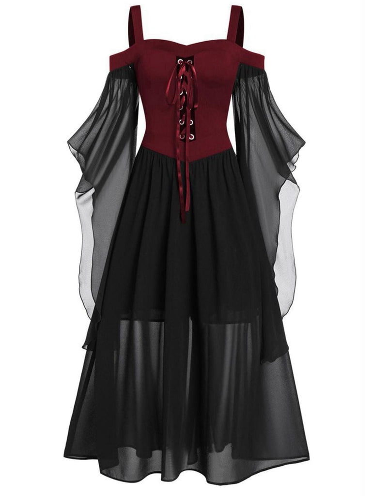 Schwarz 1950er Halloween Gothic Hexe Transparentes Ärmel Träger Kleid