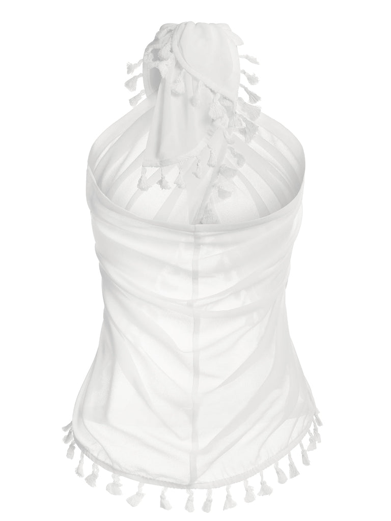 Weißes 1960er Quasten Wickel Cover-up