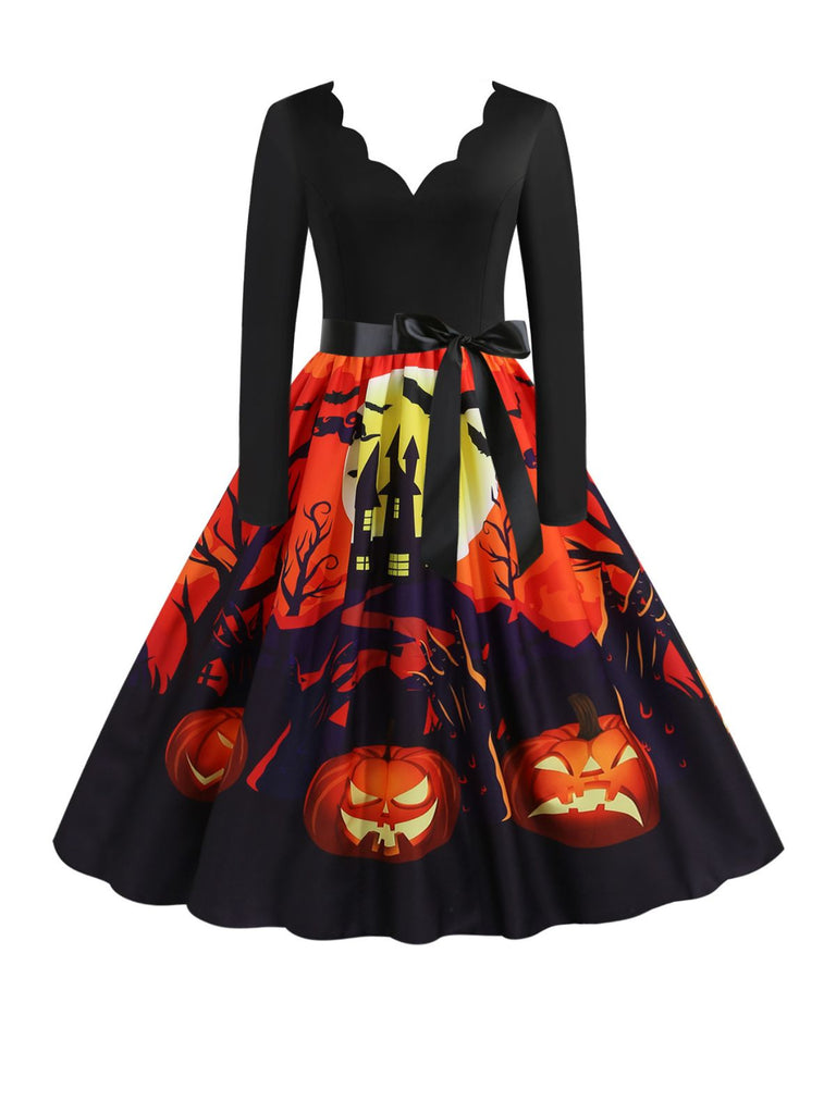 Schwarz 1950er Halloween Kürbis Langarm Kleid