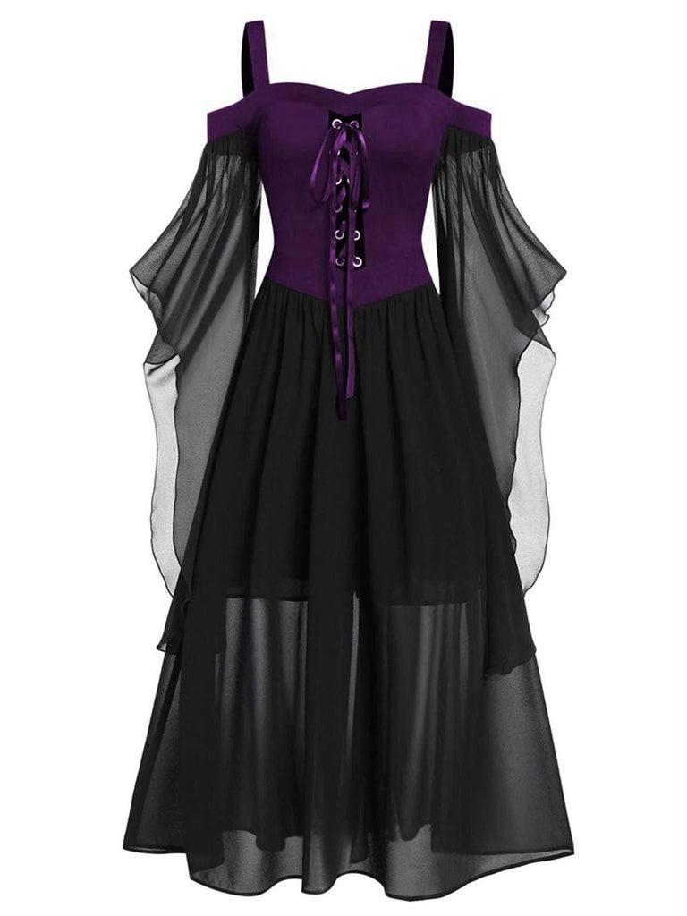 Schwarz 1950er Halloween Gothic Hexe Transparentes Ärmel Träger Kleid