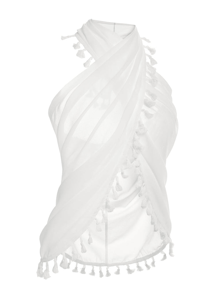 Weißes 1960er Quasten Wickel Cover-up