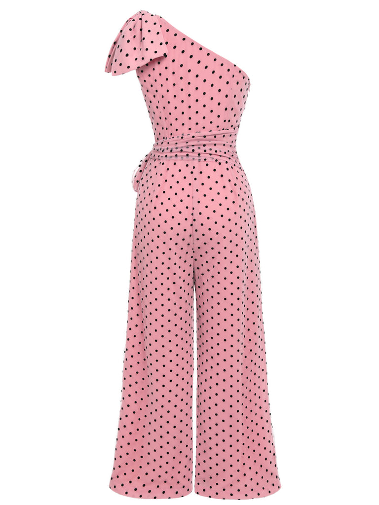 Rosa 1930er Polka Dot One-shoulder Jumpsuit