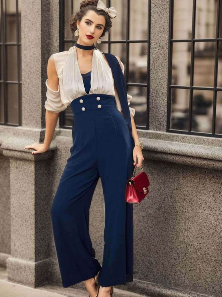 JUMPSUIT MIT NECKHOLDER BLAU UND WEIß