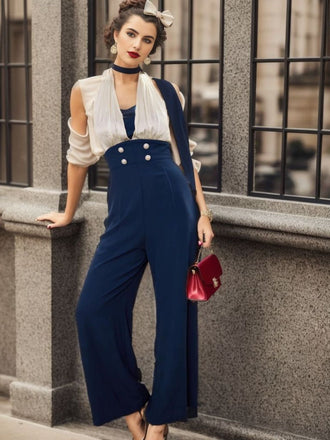 JUMPSUIT MIT NECKHOLDER BLAU UND WEIß