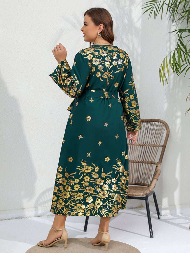 [Übergröße] 1930er Grünes geblümtes Kleid mit langen Ärmeln und Gürtel