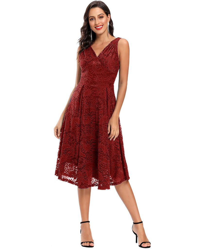 Rot 1950ER SPITZE BLUMEN SWING KLEID