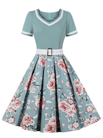 Blau 1950er Floral Patchwork Swing Kleid