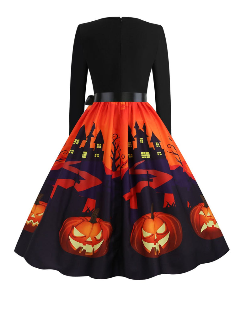Schwarz 1950er Halloween Kürbis Langarm Kleid