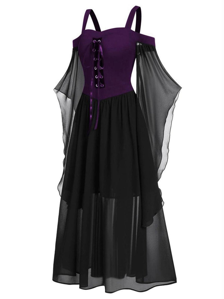 Schwarz 1950er Halloween Gothic Hexe Transparentes Ärmel Träger Kleid