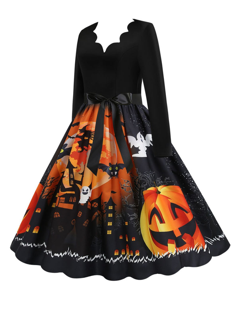 1950er Halloween Kürbis V-Ausschnitt Hepburn Kleid