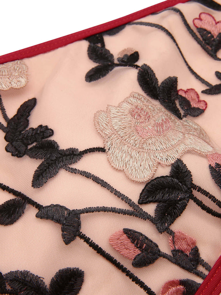 Weinroter 1950er Badeanzug Ohne Rückenlehne Mit Blumenmuster