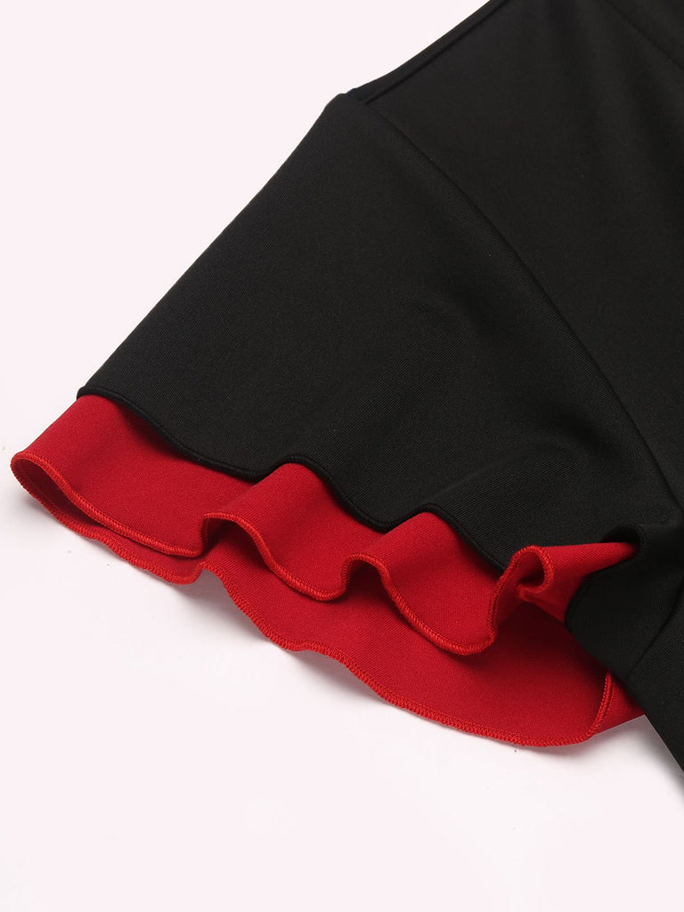 Schwarz 1960er Kurzarm V-Ausschnitt Pencil Kleid