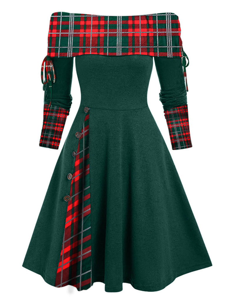 1950er Plaid Patchwork Schnürschuh Schulterfrei Kleid