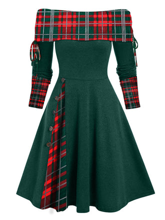 1950er Plaid Patchwork Schnürschuh Schulterfrei Kleid