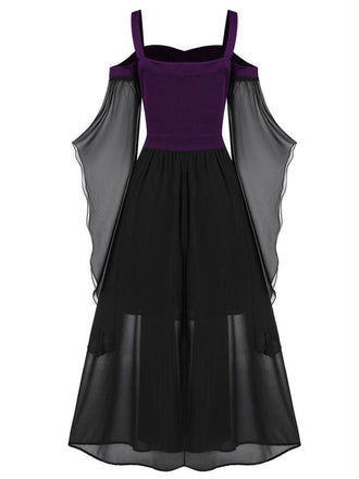 Lila Tiefrot 1950er Halloween Gothic Hexe Transparentes Ärmel Träger Kleid