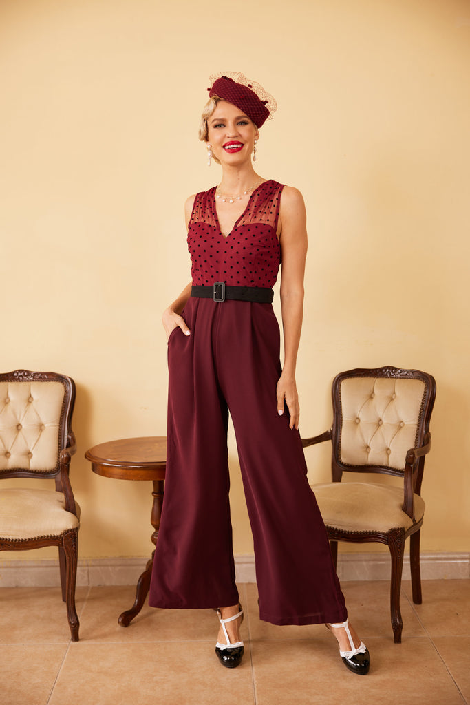 WEINROTER JUMPSUIT MIT GEPUNKTETEM GÜRTEL