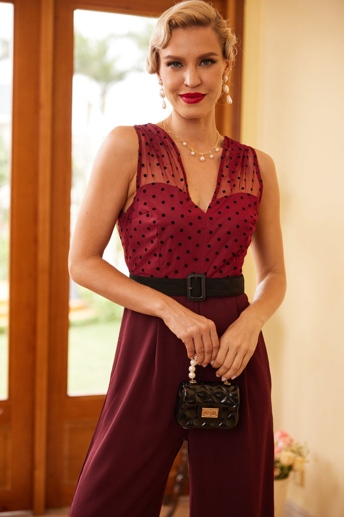 WEINROTER JUMPSUIT MIT GEPUNKTETEM GÜRTEL