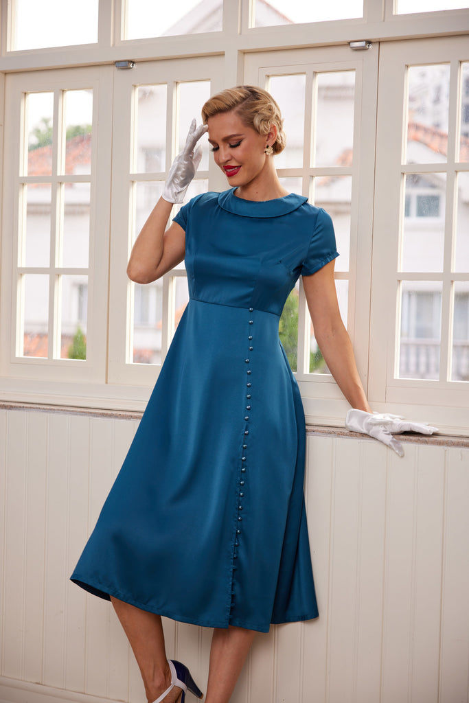 [Vorverkauf] BLAU VINTAGE KURZARM SWING KLEID
