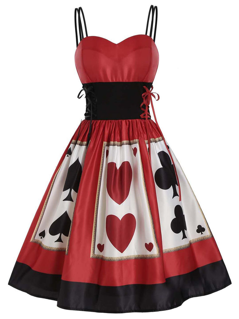 Rot 1950er Alice im Wunderland Herzkönigin Spaghettiträger Kleid