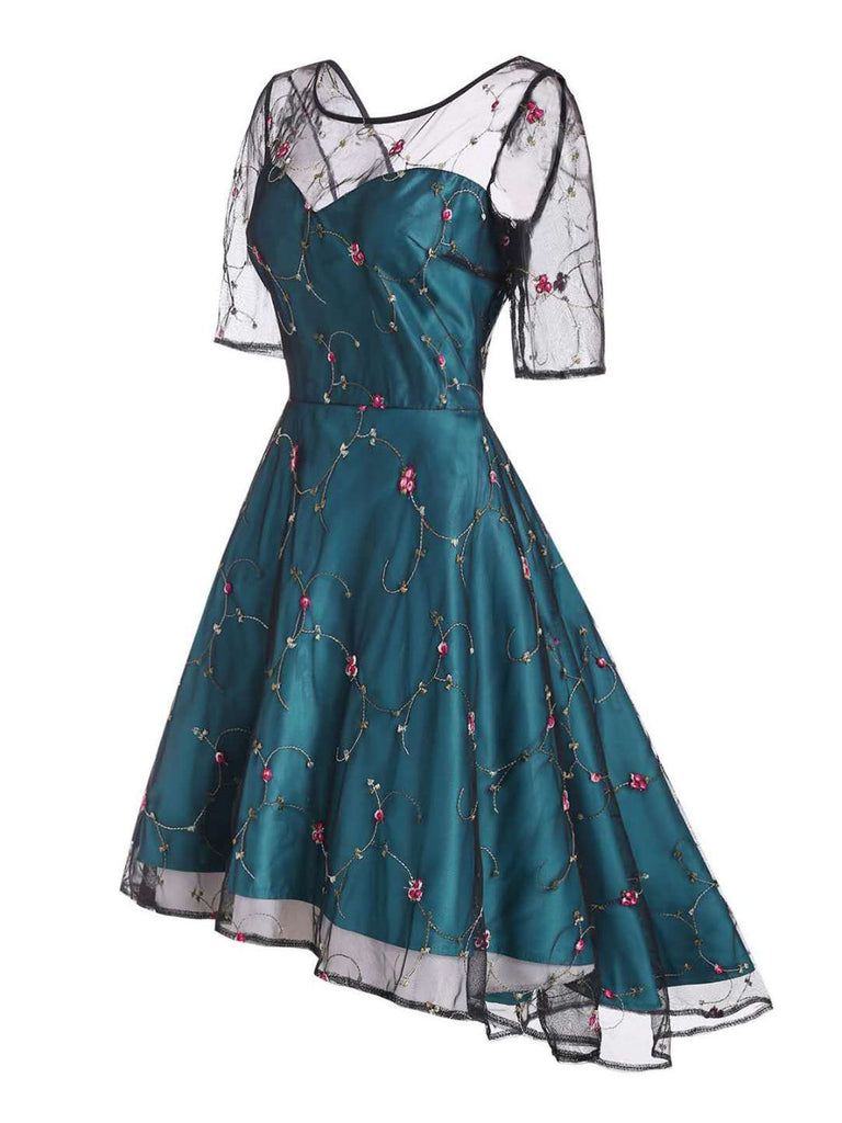 1950ER BLUMEN SPITZE KURZARM HILO KLEID