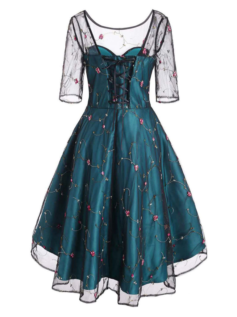 1950ER BLUMEN SPITZE KURZARM HILO KLEID