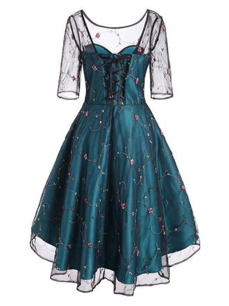 1950ER BLUMEN SPITZE KURZARM HILO KLEID