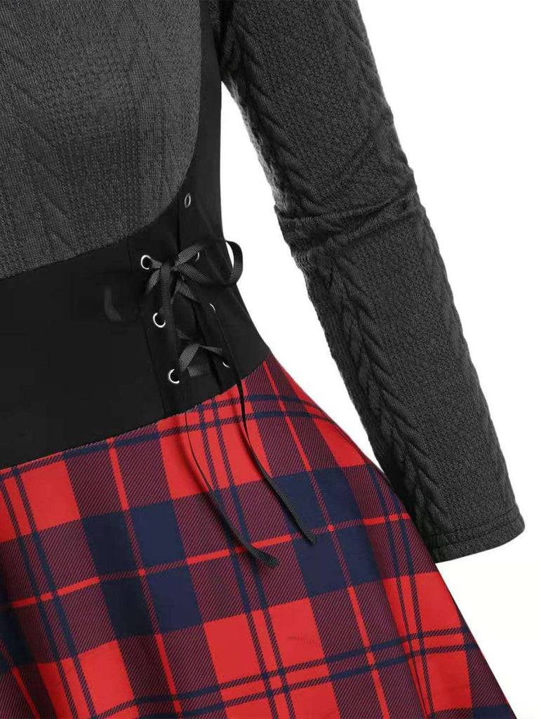 Rot 1950er Karos Gestrickt Schulterfreies Kleid