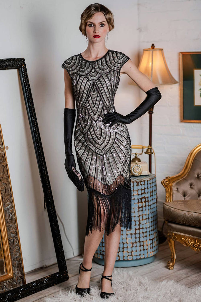 HELLGRAU 1920ER PAILLETTEN FRANSEN FLAPPER KLEID