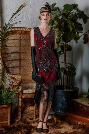WEINROT 1920ER PAILLETTEN FRANSEN FLAPPER KLEID